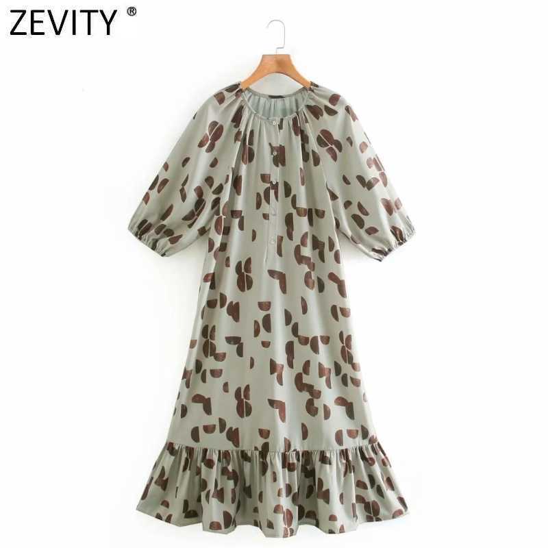 

Zevity Women Vintage O Neck Geometric Print Hem Pleat Ruffles Midi Dress Chic Female Lantern Sleeve Slim Vestido DS5005 210603, As pic ds5005ld