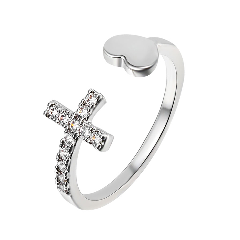 

Silver Cross Heart Rings Channel Setting Rhinestone Irregular Adjustable Love Shaped Opening Rings Costume Jewelry for Women