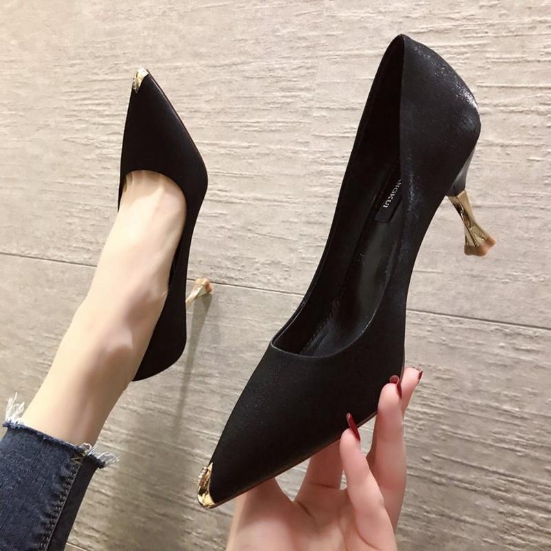 

Dress Shoes 2021 Fashion Banquet Women's Stiletto High-heeled Satin Shallow Mouth Metal Pointed Toe Sexy Slim Single, Black