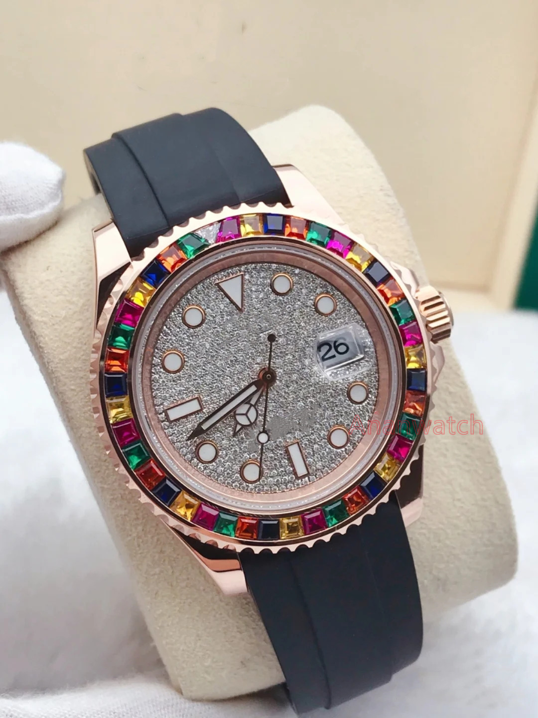 

40 mm Automatic Mechanical Men's Watch Black Rubber Belt trap Rainbow full drill single calendar luxury high quality waterproof durable, Screwdriver