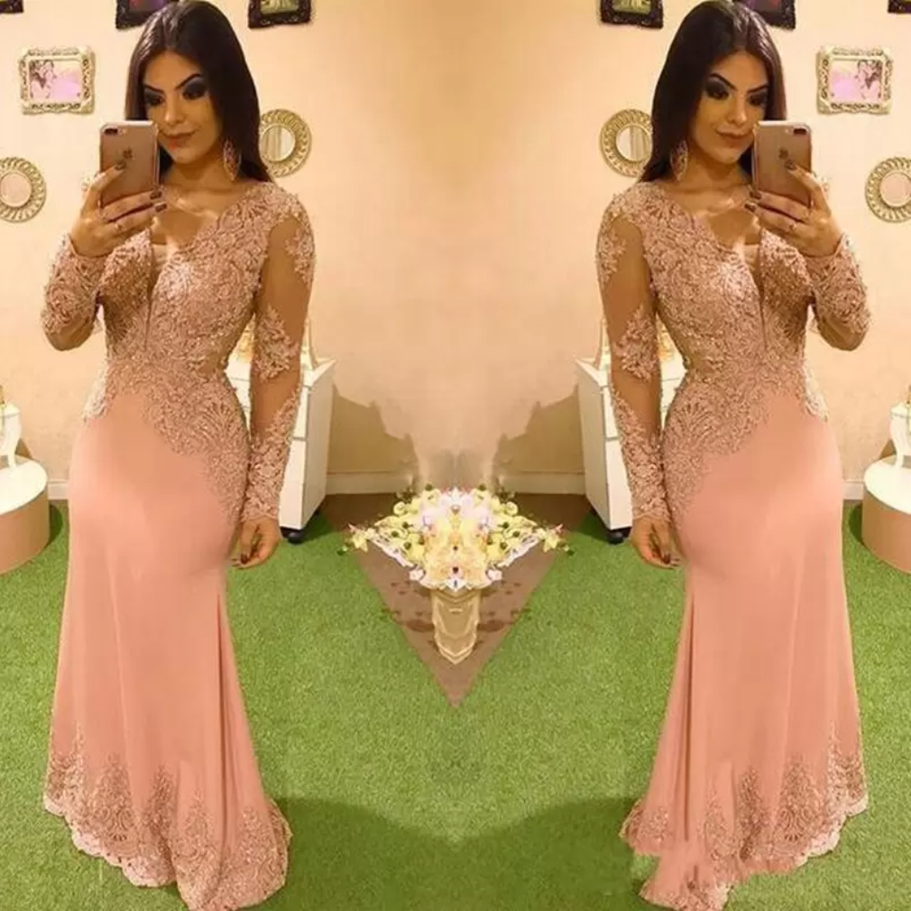 

Sexy Pink Evening Dress V Neck Lace Appliques Crystal Beads Mermaid Long Sleeves Formal Party Dress Prom Gowns, Black