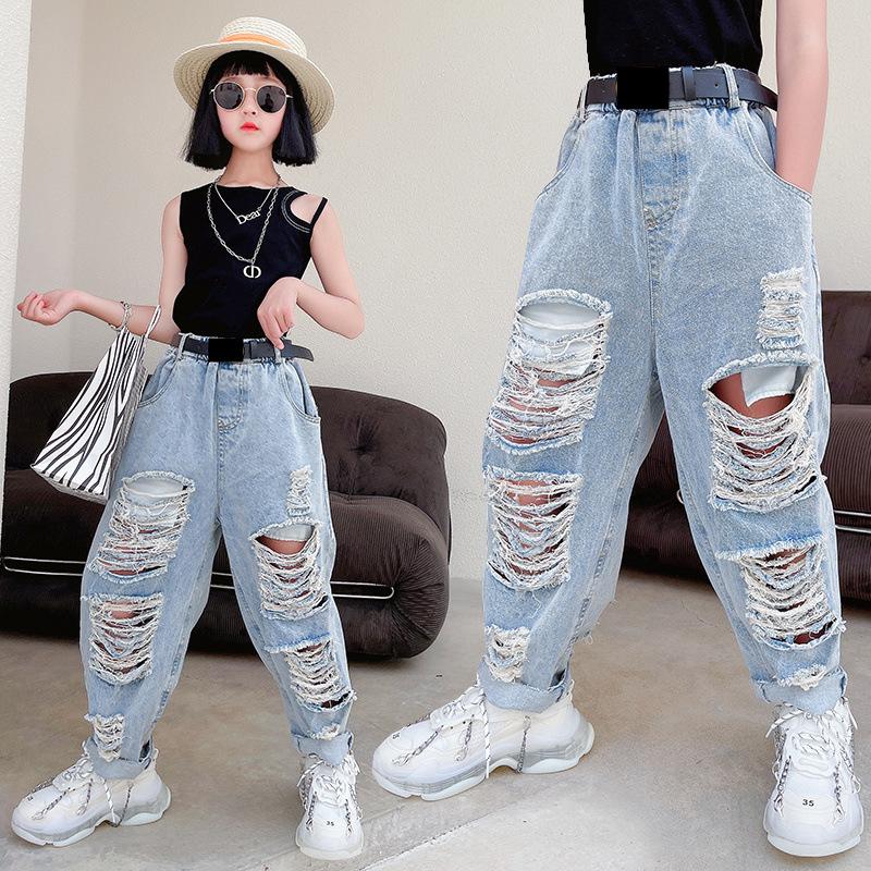 

Trousers Korean Blue Jeans Pants Baby Girls Toddler Kids Clothes Denim Bottoms Harem Ripped Holes Distressed Capris 4 To 16 Yrs