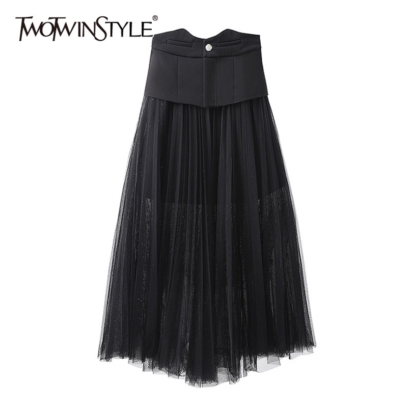 

Elegant Black Skirt For Women High Waist Patchwork Mesh A Line Midi Skirts Casual Female Summer Fashion 210521, Apricot
