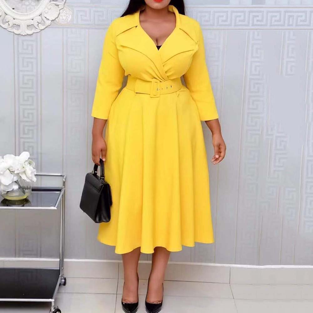 

Office Ladies Deep V Ne Women Dress Turn Down Collar High Waist Belted Ladies Work Wear Plus Size African Clothing Midi Dress