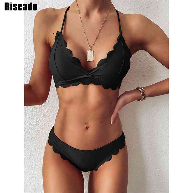

Riseado Push Up Women's Swimsuit Halter Sexy Bikini Black Swimwear Women Bathing Suits Scalloped Brazilian Bikinis Summer 210722