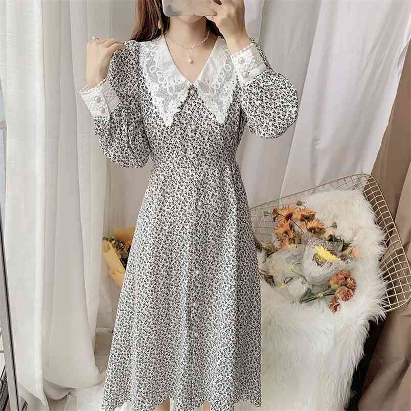 

Women's Long Sleeve Floral Chiffon Dress Spring Lace Turn Down Single Breasted Casual Party Dresses Female Vestidos 210519, Photo color