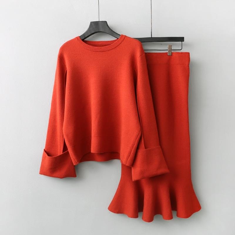 

Women's Sweaters DEAT 2021 Autumn Winter Orange Sweater Two Piece Set Knitted Long Sleeve Tops Ruffle Bodycon Skirt Women Outfits MG052, Black