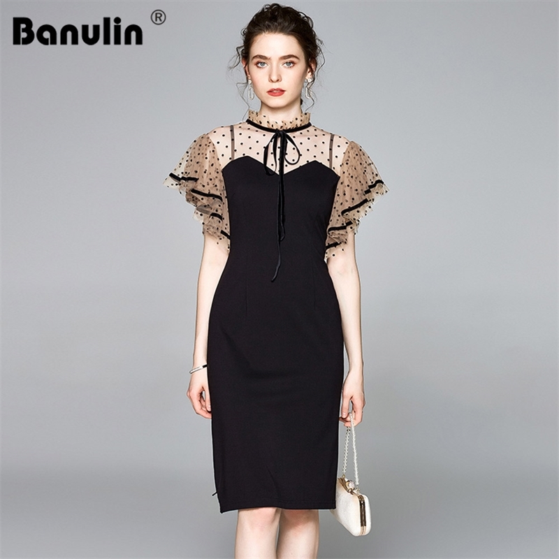 

Banulin Fashion Runway Party Dress Women Summer Elegant Dot Print Lace Patchwork Ruffles OL Office Work Vestidos 210603, Black