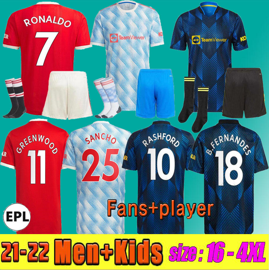 

kids set 21 22 ronaldo SANCHO MaNcHeStEr Man soccer jerseys UNITE CAVANI Fans Player BRUNO FERNANDES POGBA RASHFORD R. Varane football shirt uTd 2021 2022 men kit S-4XL