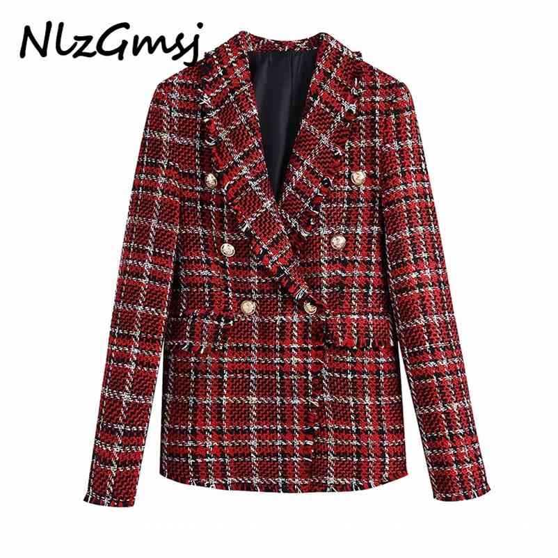 

Blazer Women Red Plaid Tweed Female Long Sleeve Double Breasted Elegant Jacket Ladies Suits 210628, As picture