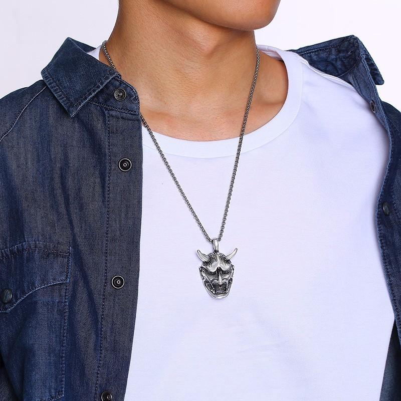 

Pendant Necklaces Samurai Assassin Demon Oni Stainless Steel Horn Evil Devil Punk Biker Men Necklace With 24 Inch