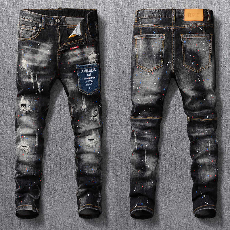 Men&#039;s Jeans Streetwear Fashion Men Retro Black Gray Elastic Slim Fit Ripped Patched Pocket Painted Designer Hip Hop Denim Pants OL-image-702376462