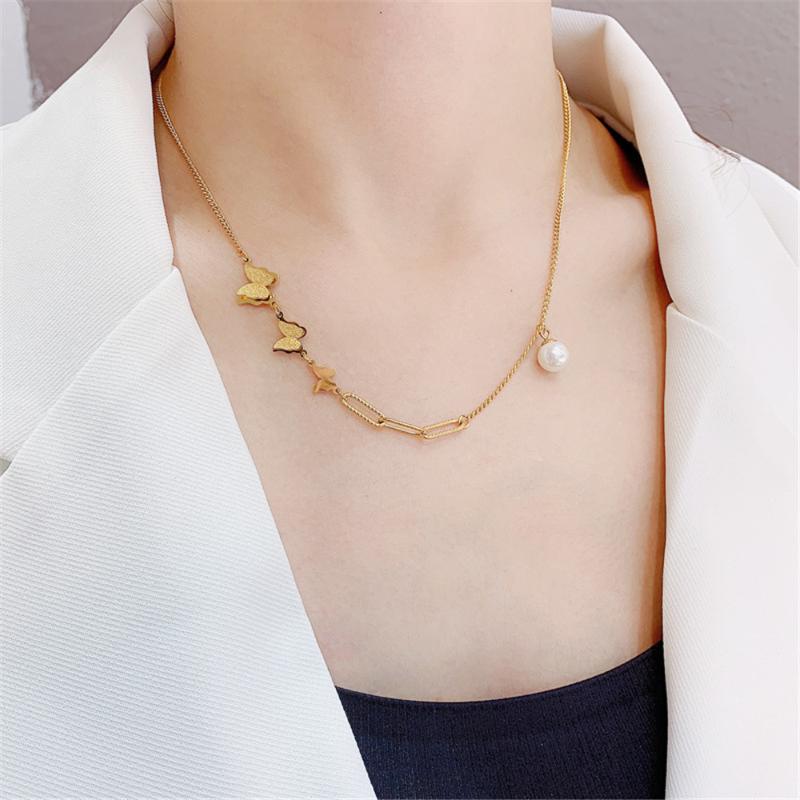 Pendant Necklaces 316L Stainless Steel Three Butterfly Pearl Necklace Titanium Design Sense Temperament Trend No Fade-image-704229399
