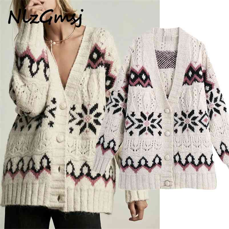 

Sweater Women Cardigan Vintage Jacquard Knitted Oversize Long Sleeve Casual Female Chic Tops 210628, As picture