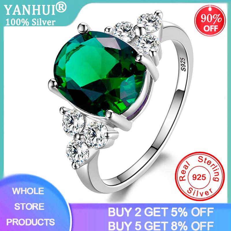 

Cluster Rings YANHUI Women's 925 Sterling Silver Jewelry Ring With Oval Cut Royal Emerald Green Olive Zircon Wedding Gifts, Golden;silver