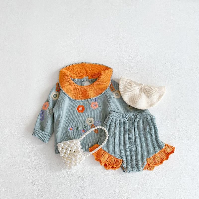 

Clothing Sets HoneyCherry Baby Girl Knit Suit Embroidered Lotus Leaf Collar Blouse + Lace Pants Two-piece Outfit, White