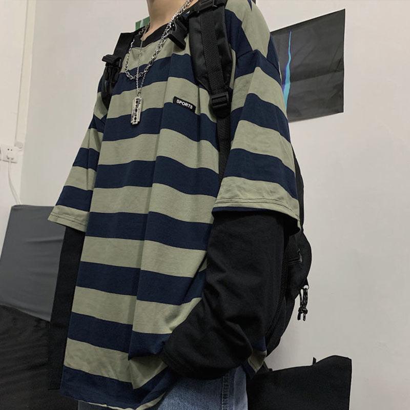 

Women's T-Shirt Goth Harajuku Y2k Fake Two-piece Striped Long-sleeved Shirt Autumn Fairy Grunge Oversized Teen Tops Streetwear, White