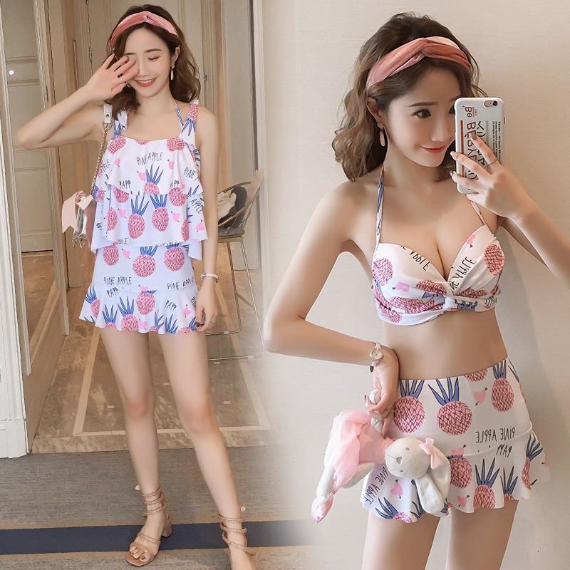 Sweet Pineapple Printed Women&#039;s Playful Bikini Three Piece Split Beach Spring Swimsuit-image-678618442