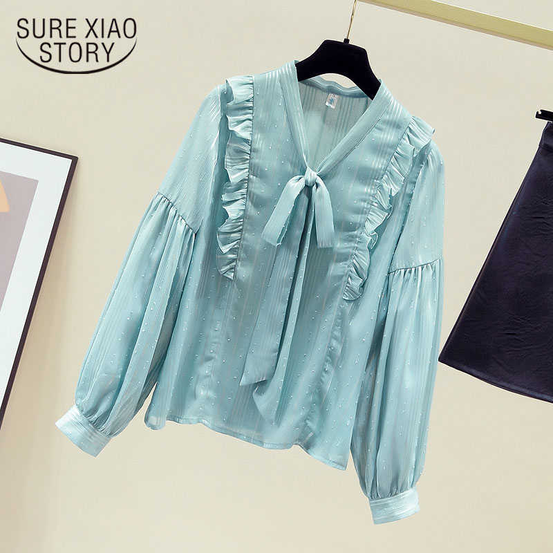 

Autumn Long Sleeve Women Tops Bow Shirt Women' Blouse Korean Style Elegant Chiffon Shirt Solid Fairy Office Lady Clothes 11152 210527, Green