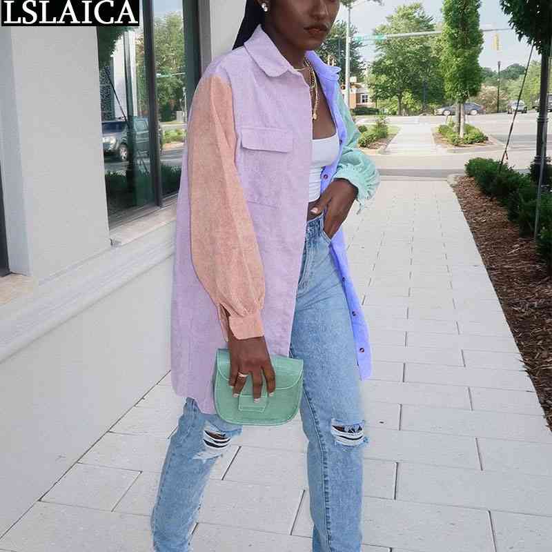 

Fashion Patchwork Coat Women Autumn Long Sleeve Turn-down Collar Woman Jacket Streetwear Casual Ladies Tops Plus Size 210520, Sky blue