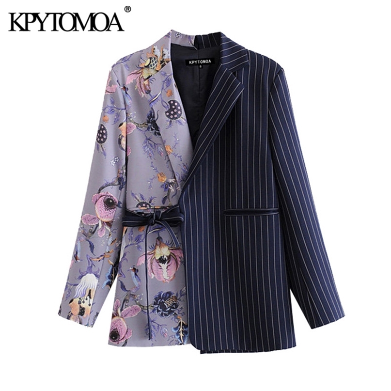 

KPYTOMOA Women Fashion Office Wear Floral Print Patchwork Blazer Coat Vintage Pockets With Belt Female Outerwear Chic Tops 211019, As picture