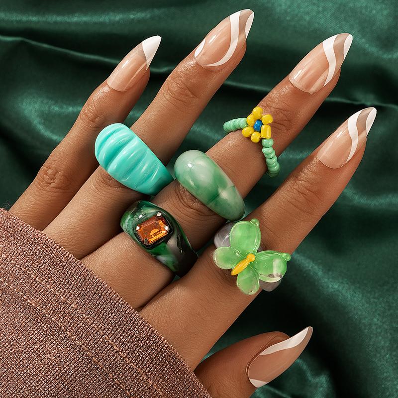 

Wedding Rings 5pcs/set INS Simple Resin Acrylic Couples Set For Women Colorful Butterfly Beaded Flowers Open Jewelry 19993