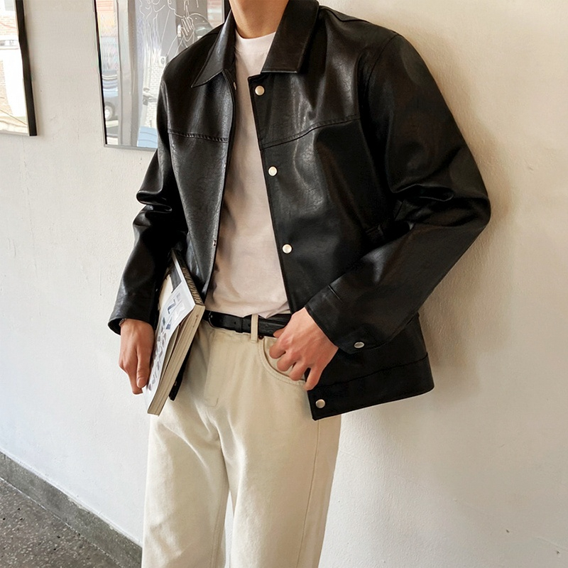 

Men's Clothing Single Breasted PU Leather Jacket Korean Fashion Casual Autumn 2021 Vintage High Quality Black Coat 9Y4300