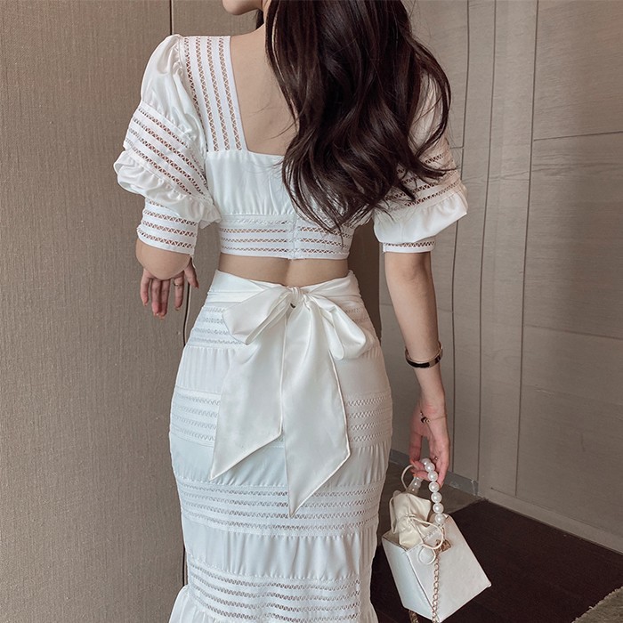 

Summer 2pcs Set Women Boho Elegant Square Collar Puff Sleeve Sexy Crop Top + High Waist Bodycon Bowknot Mermaid Skirt Suit 210518, White