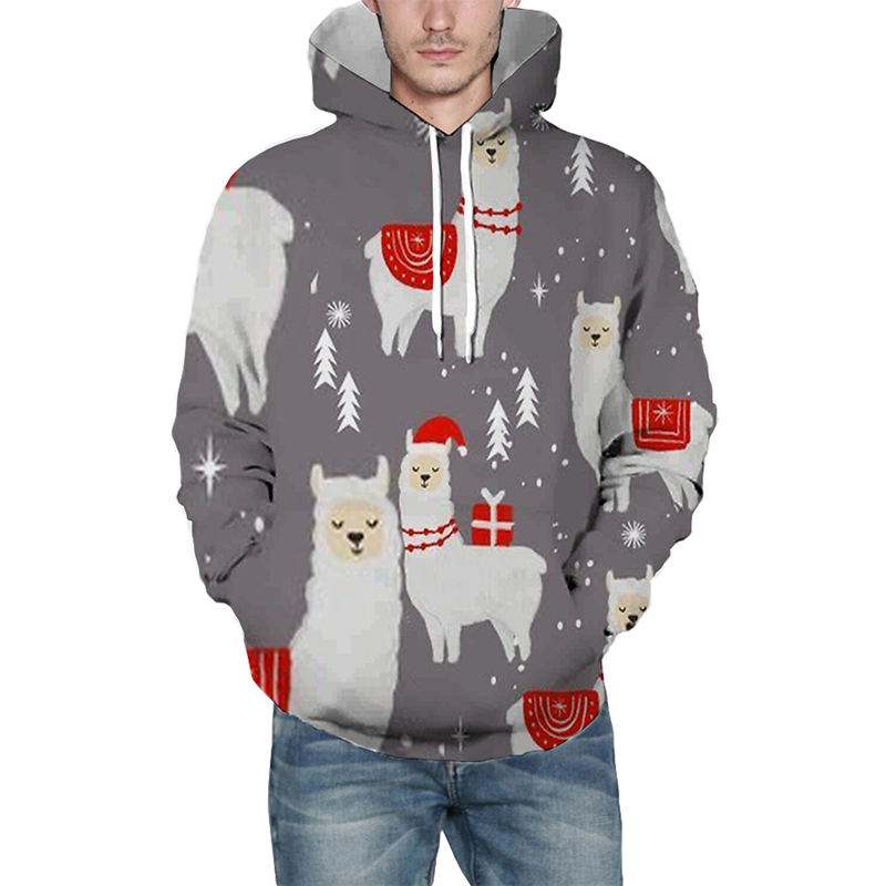

Christmas Alpaca Pattern Hoodie Visual Impact Party Top Punk Gothic Round Neck High Quality Sweater Hoodie, Black