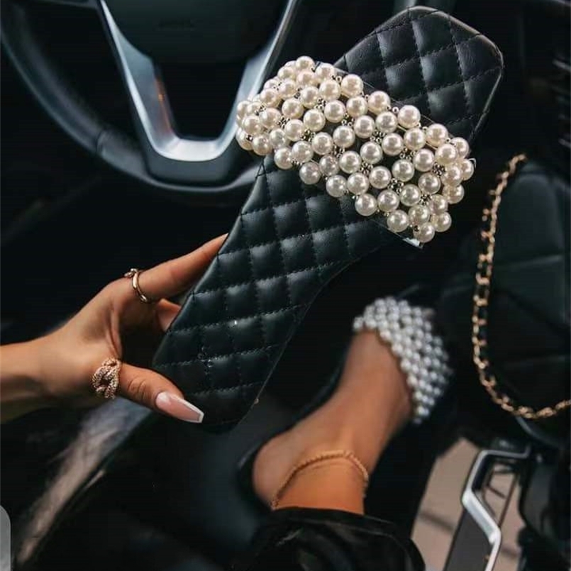 

Summer Pearl String Bead Slippers Flat Sandals Beach Shoes Casual Female pearl 210913
