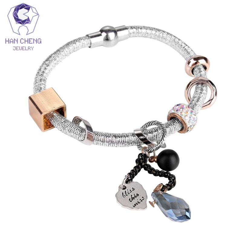 

HanCheng Boho Rope Handmade Heart Charm Bracelet Rhinestone Crystal Glass Beads Bracelets & Bangles For Women Jewelry Silver Beaded, Strands, Black
