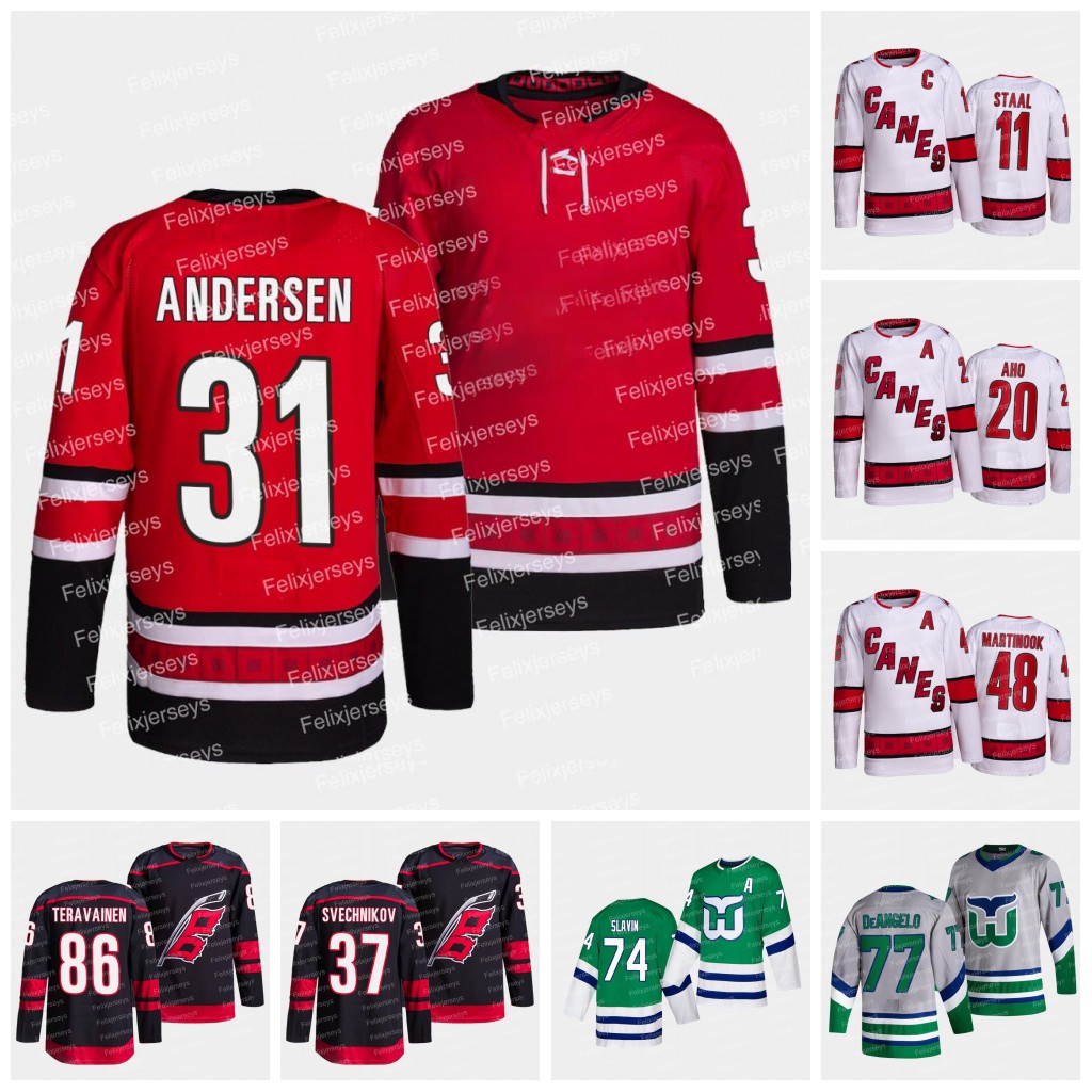 

Andrei Svechnikov Jersey Sebastian Aho Teuvo Teravainen Tony DeAngelo Vincent Trocheck Necas Jaccob Slavin Brady Skjei Frederik Andersen Jesperi Kotkaniemi, Green womens s-xxl
