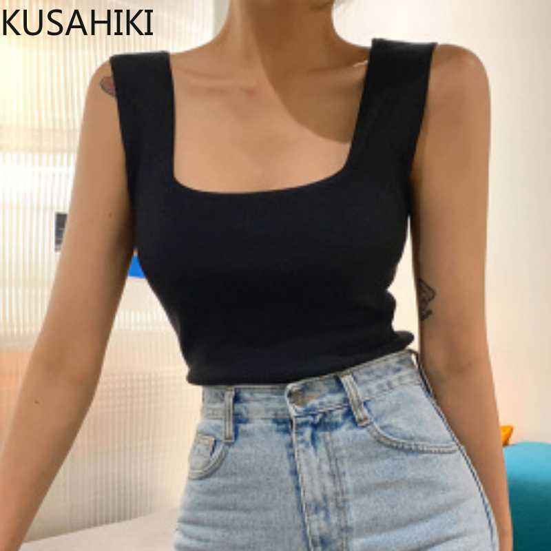 

Korean Elegant Square Collar Knitted Tanks Top Sexy Solid Women Camis Spring Summer Basic Sling Vest 6H329 210603, Black