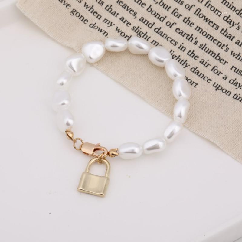 

Unique Light Yellow Gold Color Lock Connect Irregular Shape Pearls Bracelet For Anniversary Gift Link, Chain, Black