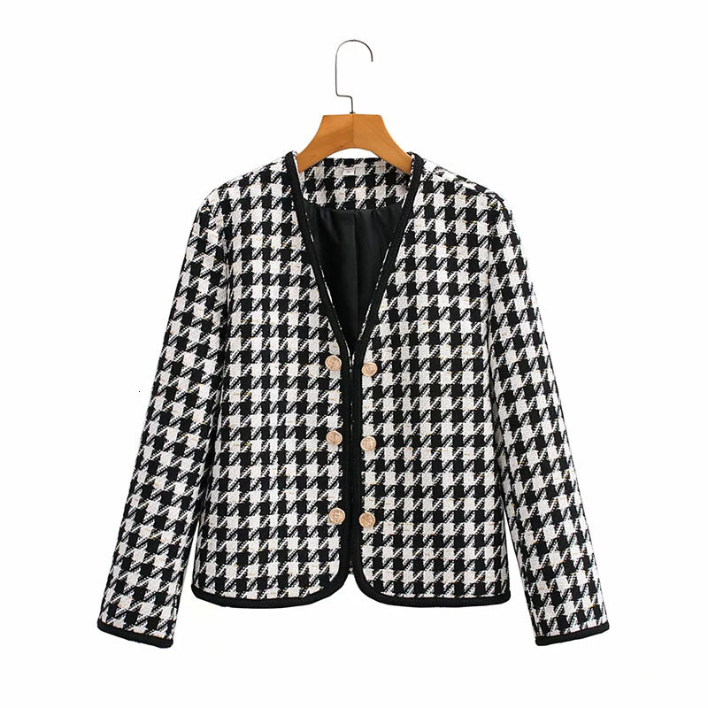 

women's jackets za female fashion office plaid jacket vintage long double breasted sleeve cut cut-off outerwear chic epr5, Black;brown
