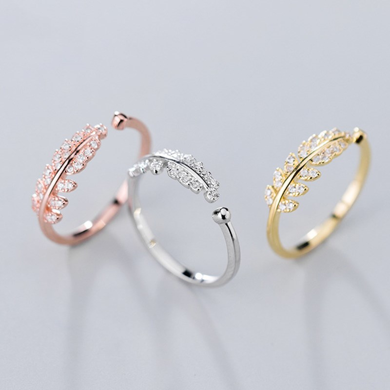 

100% 925 Sterling Silver zircon stones ring Rhodium Rose Gold plated leaf rings Fashion Adjustable Size 6 ~ 9 Beautiful Fine jewelry