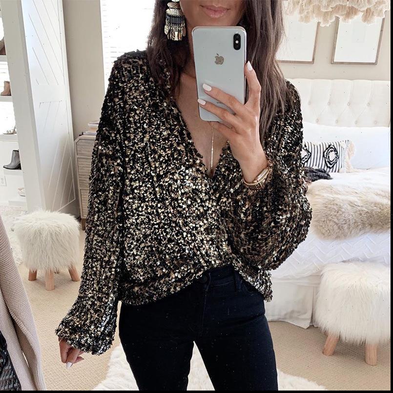 

long sleeve sequins glitter black women shirt clubwear tied deep v neck streetwear party fashion, White