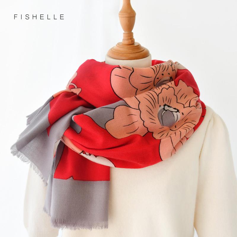 

Scarves 2021 Red Wool Scarf Women Printed Flowers Autumn Winter Thin Long Bandana Shawl Fashion Yellow Pashmina For Lady