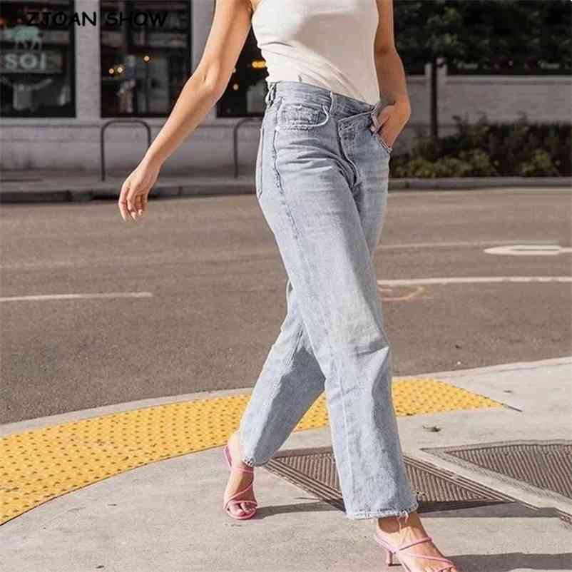 

Vintage High Cross Waist Mom Jeans Retro Ripped for Women Boyfriend Denim Pants Street Long Trousers blue black 210629, Light blue