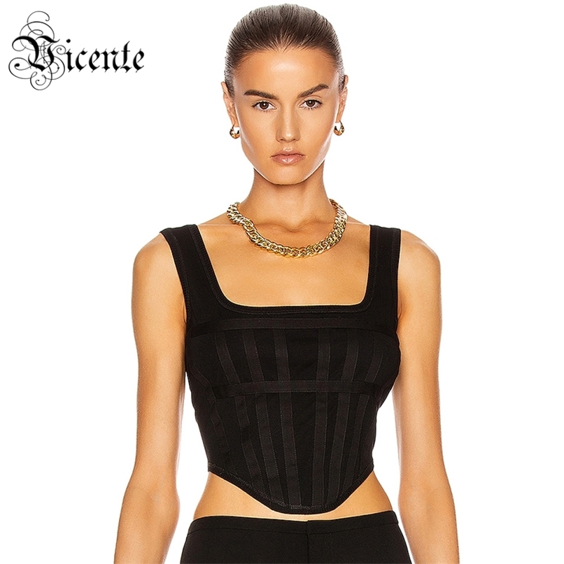 

Chic Black Crop Tops Sexy Sleeveless Striped Design Party Club Casual Wear 210520