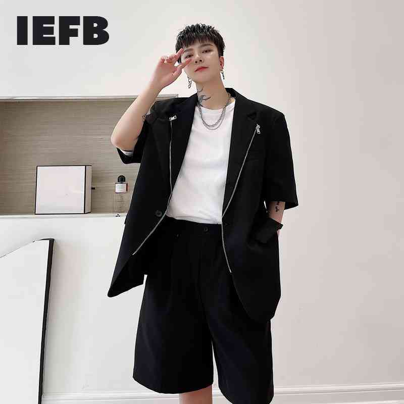 

IEFB Summer Zipper Decoration Men's Short Sleeve Single Breasted Suit Coat High Quality Notched Collar Causal Blazer 9Y6902 210524, Beige