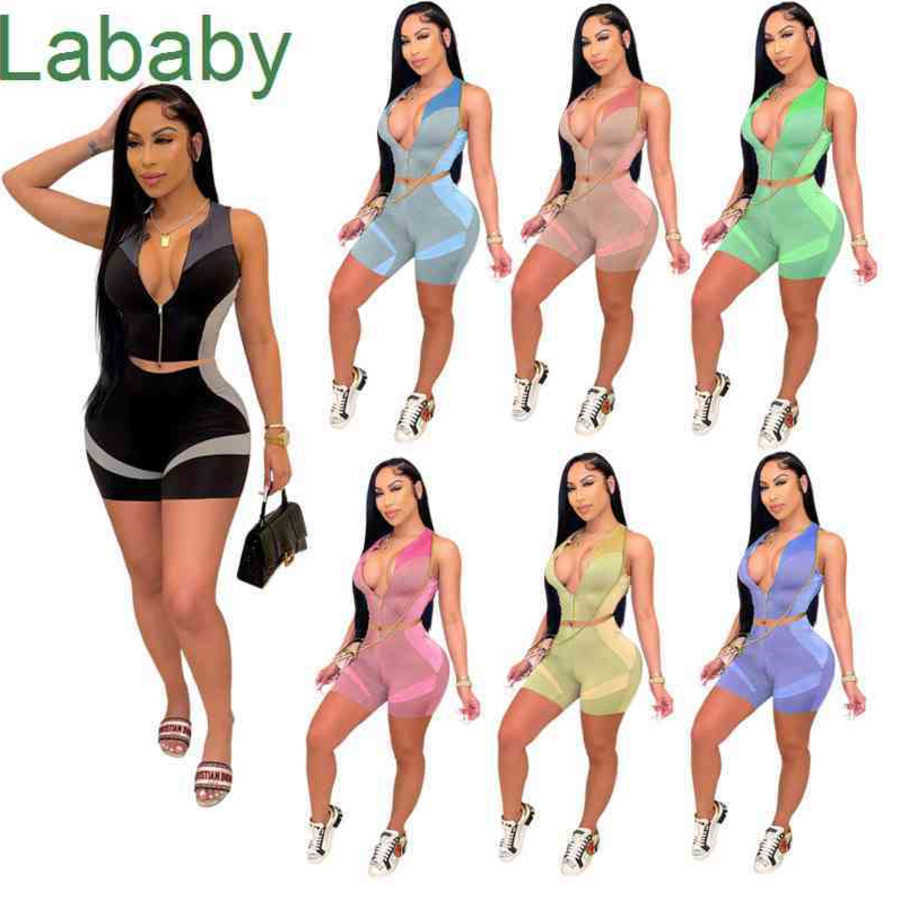 Femmes Survêtements Deux Pièces Ensemble Designer Yoga Tenues Slim Sexy Sans Manches Hauts À Fermeture Éclair Shorts Modèle Décontracté Imprimé C