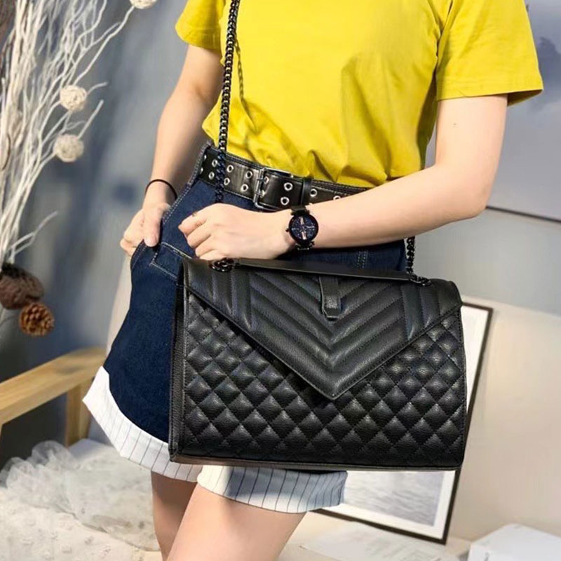 

Women Crossbody Bag Ladies Chain Shoulder Handbag Large Plaid Messegner Bags High Quality Genuine Leather Package, Black chain