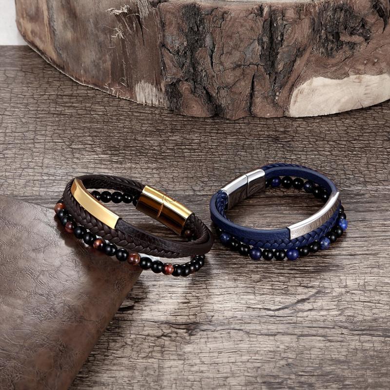 

Charm Bracelets Styles Stone Beads With Leather Weave Handmade Bracelet Tiger's Eye Stainless Steel Magnet For Women