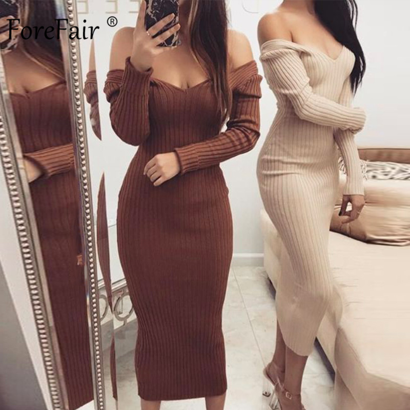 

Forefair Long Sleeve V Neck Bodycon Ribbed Knit Dress Women Autumn Winter Solid Slim Midi Women Dress, Darkgreen dress