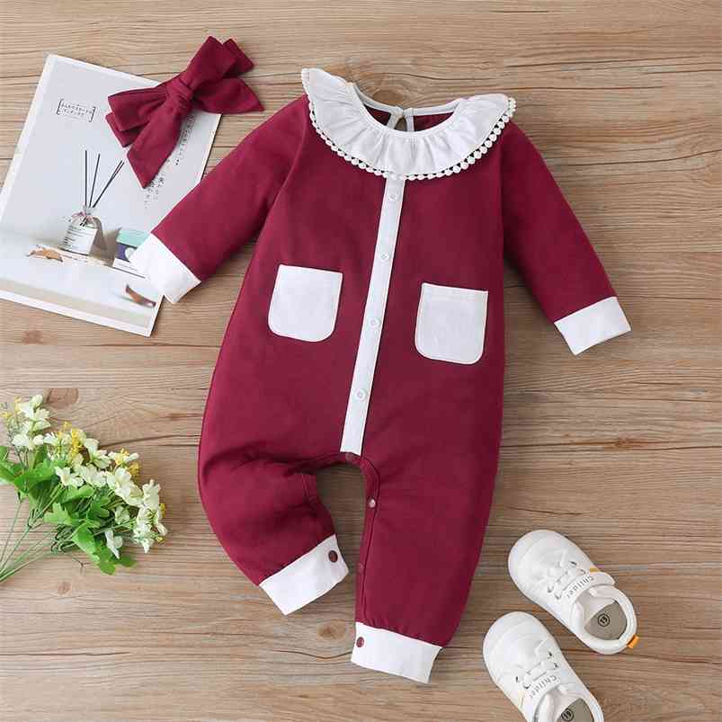 

Winter Style Infant born Baby Romper Long Sleeve Peter Pan Collar Patchwork Cute Jumpsuits Babys Clothes Outfits 0-24M 210629, Red