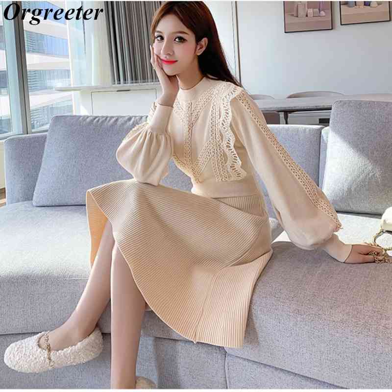 

Arrival Women Sweater Dress Temperament Solid Lace Patchwork Slim Puff sleeve Fall Winter Bottoming Knit 210525, Red