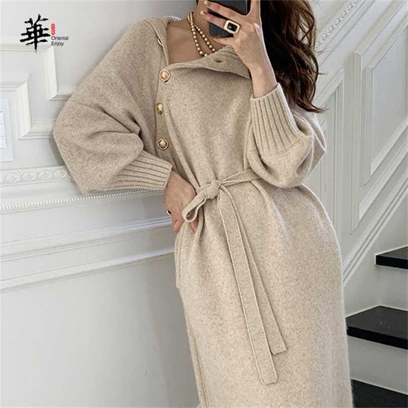 

Solid Knitted Sweater Dress Turtleneck Full Sleeve Elegant Midi with Buttons  Winter es for Women 211109, Khaki