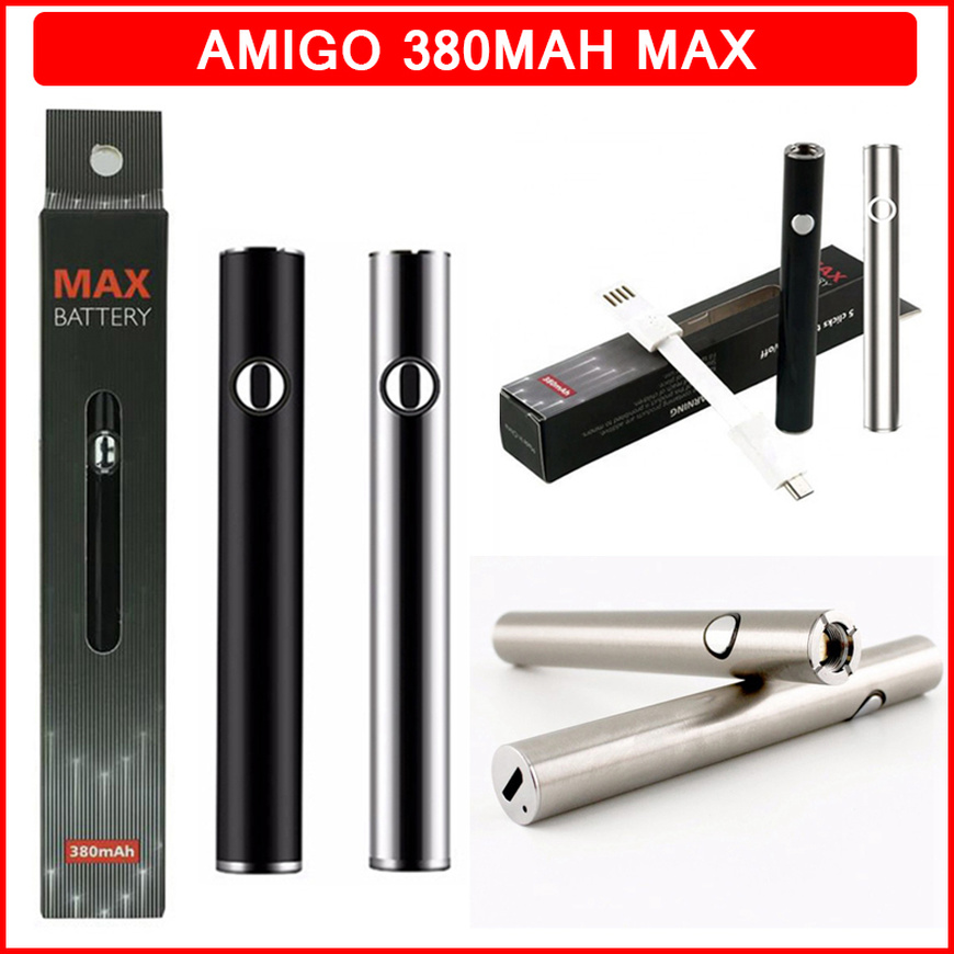 

Amigo 380mAh Max Vape Battery Kit Preheat VV Variable Voltage Bottom Charge Batteries USB 510 Thread for Oil Carts Liberty Vapes Cartridges Pen