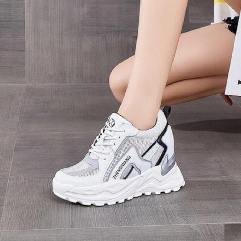 

Spring Autumn Korean Style Wedges Heels Height Increasing Platform Cross-tied Genuine Leather Women Casual Sneakers Shoes Dress, White yellow